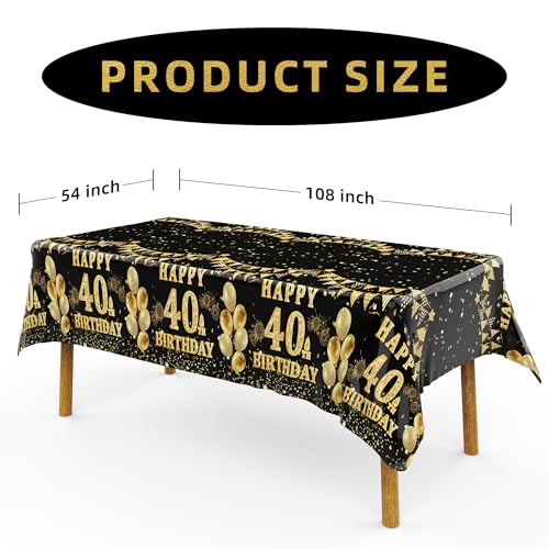 Image of Labeol 3 Pack 40th Birthday Tablecloth, Black and Gold Happy 40th Birthday Decorations, Disposable Plastic Rectangular Table Cover Party Supplies for Men Women