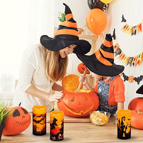 Image of 3 PCS Battery Operated Flameless Flickering Candles with 6 Hour Timer, Real Wax Electric LED Halloween Fake Pillar Candles with Castle, Witch, Bats for Indoor Kids Halloween Thanksgiving Decor
