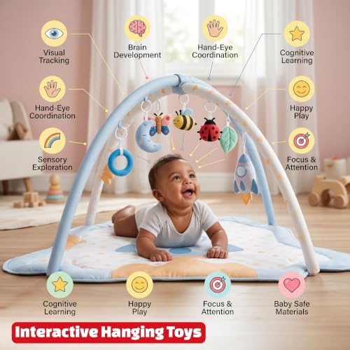 Image of Baybee 2 in 1 Premium Baby Play Gym & Activity Mat for Babies with Extra | Soft Cushion | Portable Playing mat for Kids with Sensory Toys | BPA Free Play Mat for New Born Baby up to 36 Months (Blue)