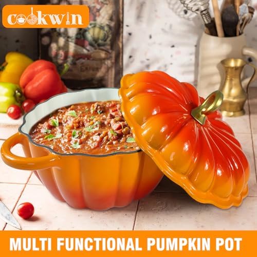Pumpkin Enameled Cast Iron Dutch Oven with Lid, 4.5 QT Heavy Duty and Dual Handles Pot, Serves 3-5 and Oven Safe for Bread Baking, Braising, Cooking Soup and Family Gifts, Orange - Thumbnail 4