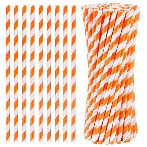 KTOJOY 100 Pcs Biodegradable Paper Straws Orange Striped for Drinks Parties Crafts