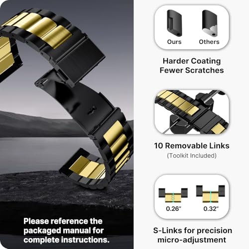 Image of Fullmosa 20mm Stainless Steel Watch Band, Quick Release Metal Replacement Strap with Removable Links, Includes Spring Bars & Link Removal Tool for Men Women (Black+Golden)