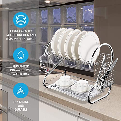 2-Tier Dish Drying Rack Chrome Plated with Drain Board Dish Drying Rack Storage Organizer with Utensil Cutlery Holder Cleaning Cloth for Kitchen Countertop - Thumbnail 5
