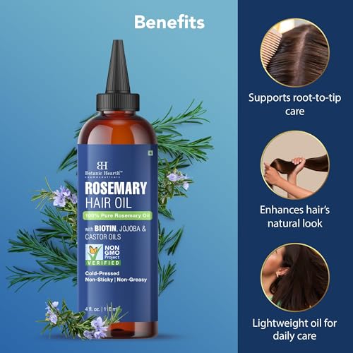 Image of Botanic Hearth Rosemary Oil for Hair Growth - 4 Fl oz | Enriched with Biotin, Castor & Jojoba | Hair Relaxers & Dry Scalp Treatment | Color Safe | Suitable For All Hair Types