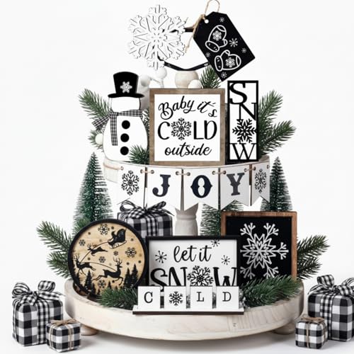 Winter Tiered Tray Decor Set Snowman Snowflake Table Decor Christmas