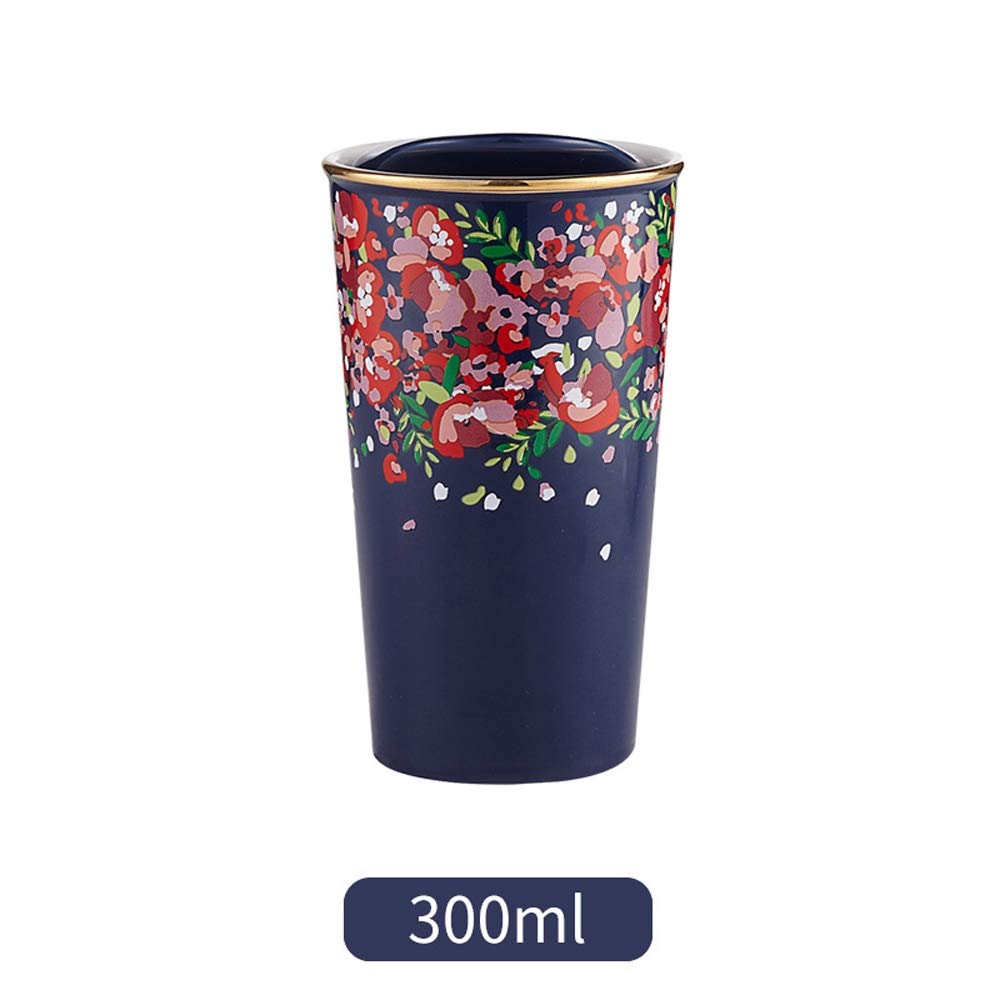 L-entcy 300ML Printed Ceramic Mug Coffee Cup 10.24OZ   Double Ceramic Mug Office Coffee Cup Milk Cup Desktop Cup With Lid Reusable Coffee Cup Water Straw Straw Double Wall Travel Mug,