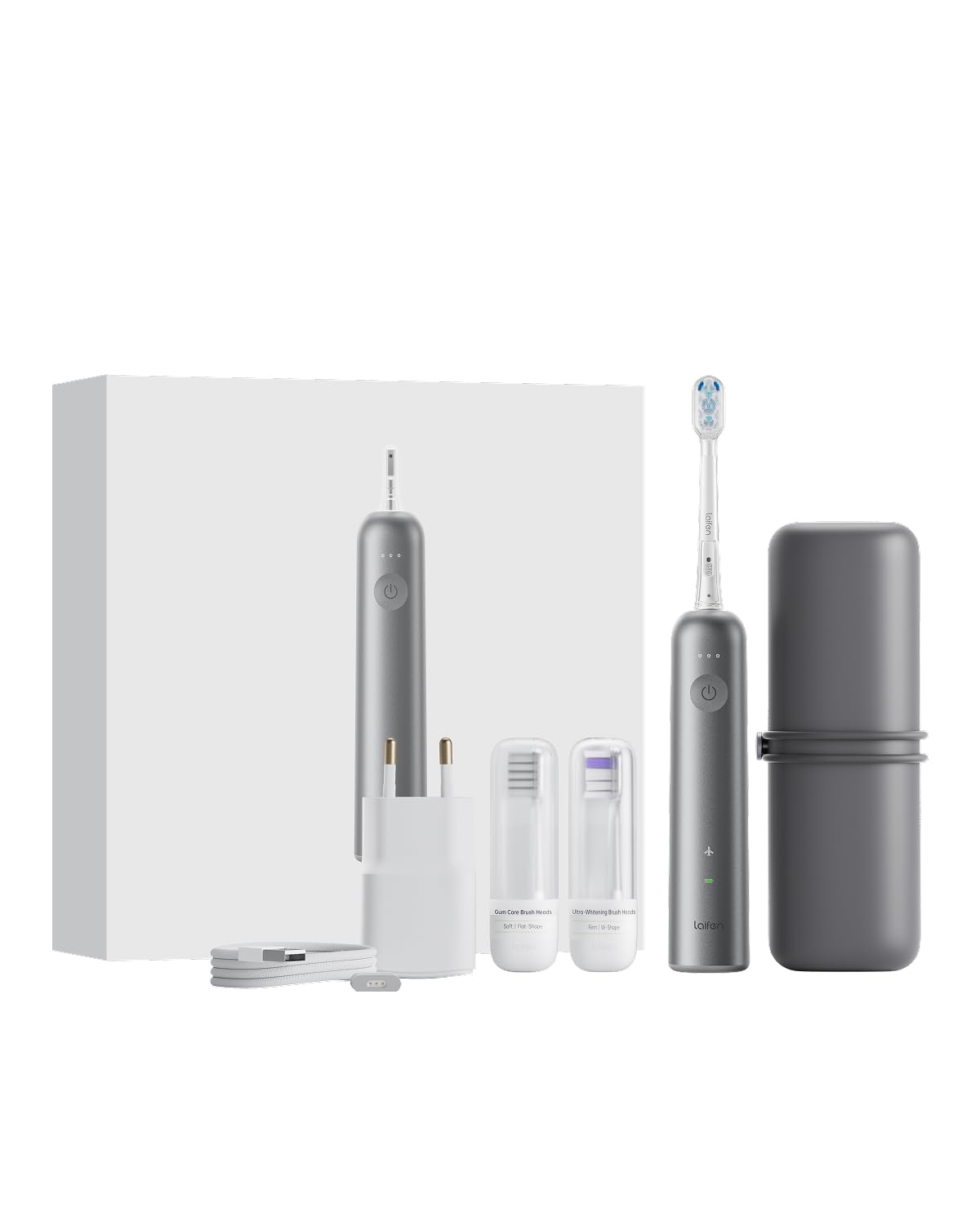 Laifen Wave Cepillo de Dientes Eléctrico Sónico Estuche, 3 Cabezales, Gris | Oscilación de 60°, Autonomía de Batería de 45 Días, Aceptado por la ADA, Reducción de Placa, 66.660 vibraciones/min