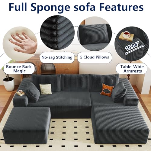 Image of 96 inch Modular Sectional Sofa with Ottoman, Modern Corduroy Cloud Couch with Deep Seat, Boneless Couch Upholstered 3-Seater U-Shaped Sofa for Living Room, No Assembly (Grey, Right-Facing Chaise)