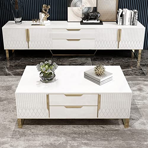 Pucloce Luxury White Coffee Table With Storage For Living Room Gold Finish Frame #TOP1