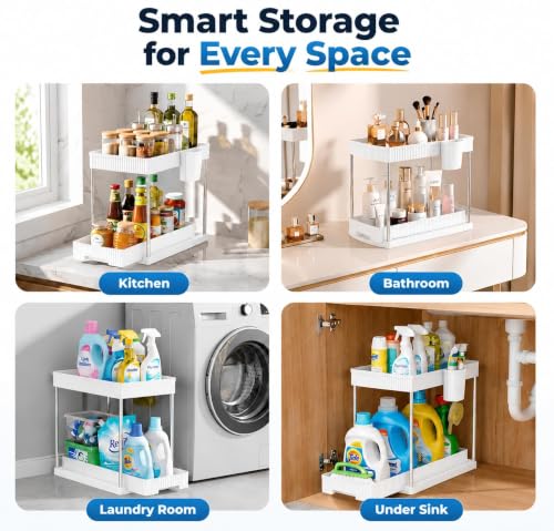 Image of Xmart India 2 Tier Under Sink Organizer, Pull Out Cabinet Storage Rack with Sliding Drawers & Hooks, Kitchen Cabinet Organizer, Bathroom Storage Shelf, Pantry & Laundry Organizer (1, White)