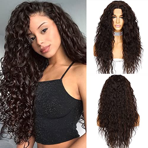 WIGODDESS Black Curly Lace Front Wig , Curly Wig Daily Makeup Party Wig Perruque Heat Resistant Hair 26 inch Black Synthetic Lace Front Wig Curly Lace Front Wig For Women