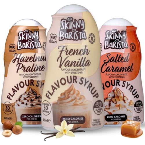 Skinny Coffee Syrup 3 x 60ml Salted Caramel French Vanilla & Hazelnut Praline Zero Calorie Sugar Free Coffee Syrups 90 Servings Vegan Gluten Free (Vanilla Hazelnut Salted Caramel)