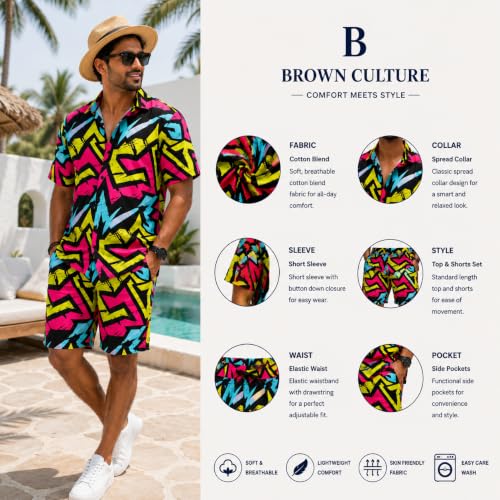 Image of BROWN CULTURE Men's Cotton Blend Printed Co Ord Set | Casual Matching Shirt and Shorts | Relaxed Home Wear | Comfortable Night Suit | Lounge Outfit | Everyday Leisure Clothing