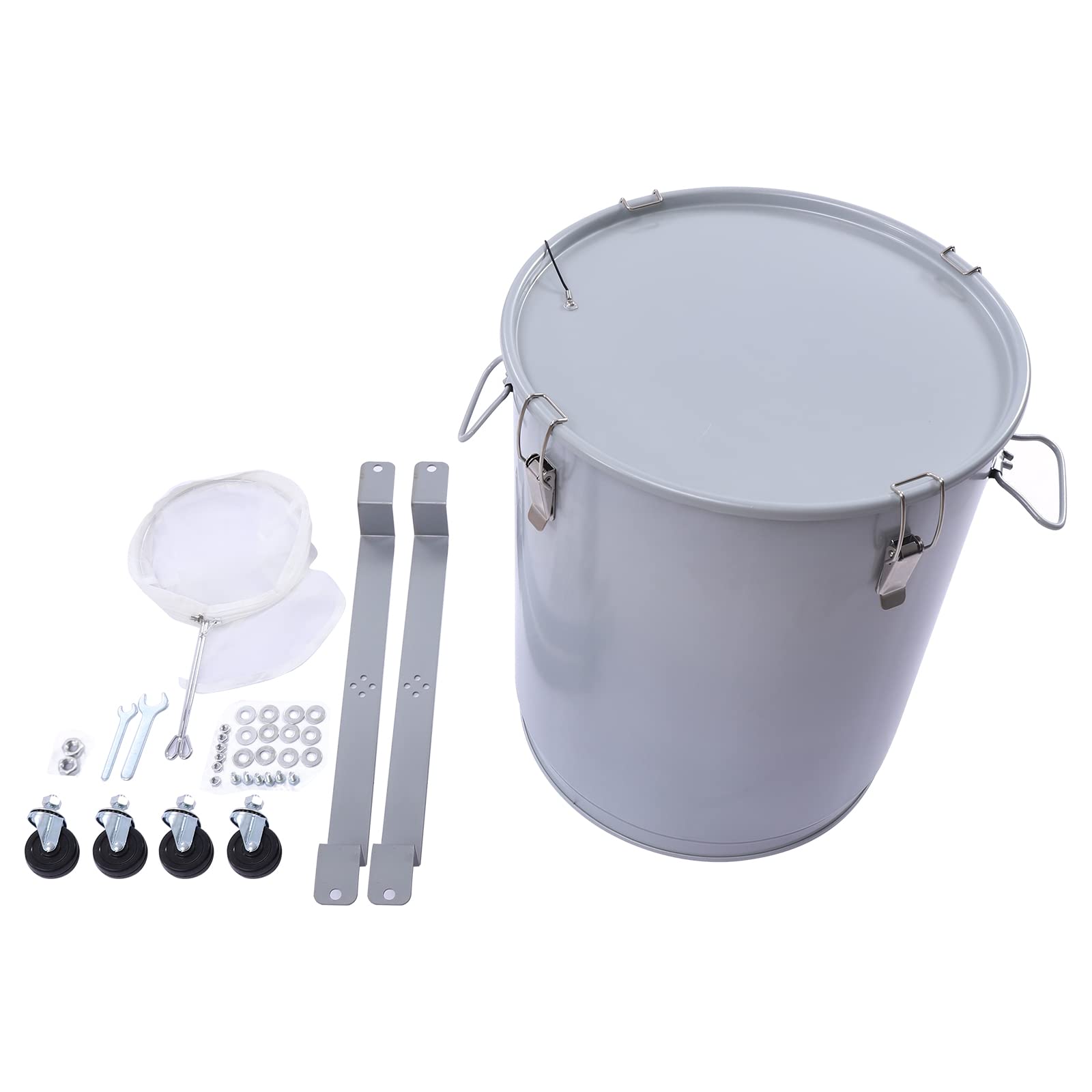 Fryer Grease Bucket, 16 Gallon Oil Disposal Caddy Steel Fryer Oil Transport Container with Locking Lid & Filter Bag for Hot Cooking Oil Filtering (16 Gallon, Silver)