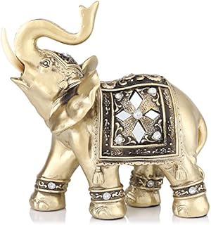 Elephant Statue, Gold Color Elegant Elephant Ornament Wealth Lucky Elephant Figurine with Trunk Raised Home Office Decor Birthday Congratulatory House Warming Gift(M)