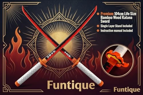 Image of Demon Slayer Kyojuro Rengoku Wooden Katana Sword, 104cm Premium Bamboo Anime Flame Hashira Cosplay Replica with Display Stand
