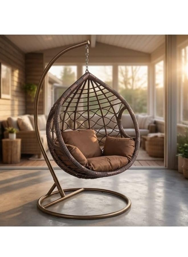 Outdoor Hanging Egg Chair with Stand Luxury Brown Swing Chair with Cushion Balcony & Garden Patio Chair for Indoor Outdoor Use Heavy Duty Steel Frame