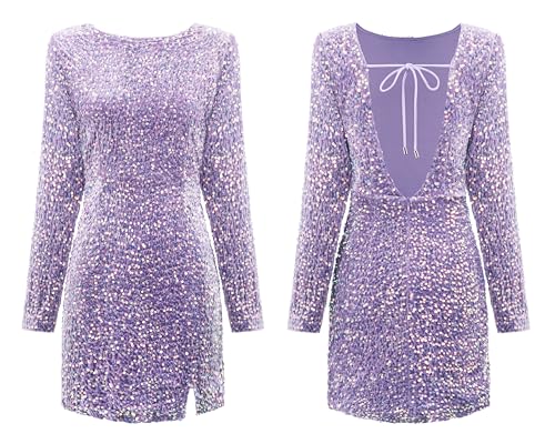 Image of R.Vivimos Women's Sequin Bodycon Dress Fall Winter Velvet Warm Long Sleeve Crew Neck Sexy Backless Glitter Slit Mini Dress
