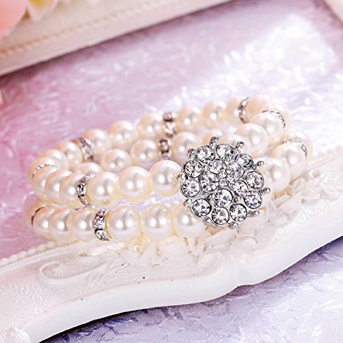 Brilove Women's Wedding Bridal Bracelet, Simulated Pearl Crystal Double Row Strand Cluster Bead Vintage Stretch Bracelet Clear Silver-Tone Ivory Color #TOP2