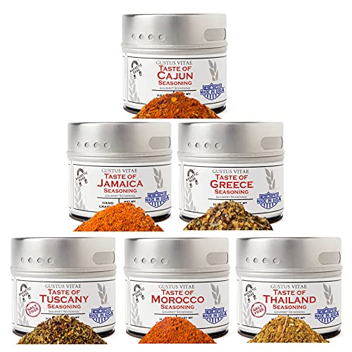 Gourmet World Flavors Seasoning Collection | Non GMO Verified | 6 Magnetic Tins | Spice Blends | Crafted in Small Batches by Gustus Vitae | #68