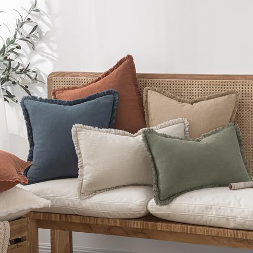 Image of MIULEE Decorative Throw Pillow Covers Neutral Linen Fringe Throw Pillows Euro Shams Set of 2 Camel Boho Farmhouse Cushion Covers for Couch Sofa Bed Living Room Spring Home Decor 26x26 Inch