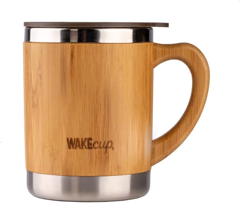 Reusable Bamboo and Stainless Steel Travel Mug Double Walled Eco Friendly with Handle and Lid Sustainable Materials