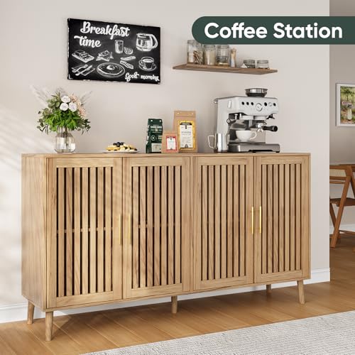 Image of Smart FENDEE 63 inch Long Sideboard Buffet with 4 Slatted Doors, Farmhouse Buffet Storage Cabinet with Adjustable Shelves, Coffee Bar Cabinet for Entryway, Kitchen, Dining Room, Living Room, Natural