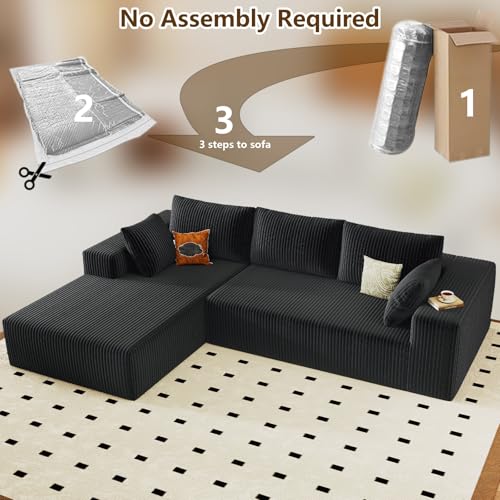 Image of 96 inch Modular Sectional Couch, Boneless L Shaped Cloud Sofa with Chaise Lounge, Corduroy Upholstered Couches Memory Foam Deep Seat, No Assembly Required, Ideal for Living Room(Black, Left Facing)