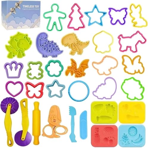 Jaeespon Dough Tools Play for Kids-Dough Accessories Molds Dinosaur Fruit Roller Cutter Scissor and Storage Box, Party Favors Set for Age 3+