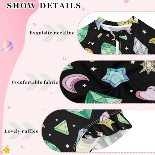 Wusikd Girls Long Sleeve Swimsuit Shiny Rhinestones One Piece Bathing Suit Zipper Golden Stars Swimwear Sun Protection 5-6T4