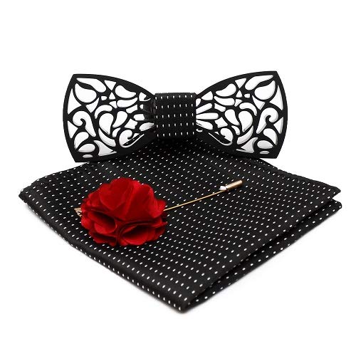 mensome Men's Wool Wooden Bow Tie with Pocket Square and Flower (Black) - Pack of 3-picture-42