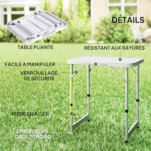 Table de camping aluminium Outsunny pliante et réglable design blanc - 6