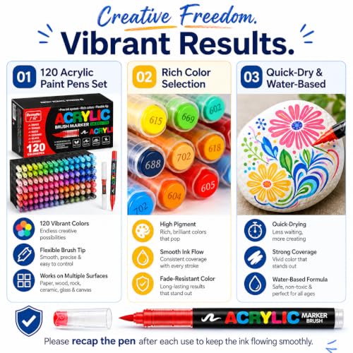 Image of Amamao - 120 Colors Acrylic Paint Markers with Soft Brush Tip for Wood, Stone, Canvas, Glass, Fabric, Egg, Painting on Stones and Crafts