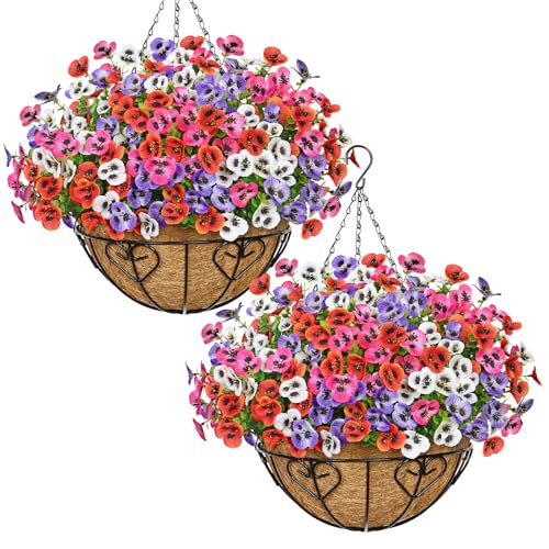 MEIVINES Cesta Colgante con Flores Falsas 2PCS Flores Artificiales Colgantes con Cesta para Decoración De Patio Jardín Porche (4 Colores)