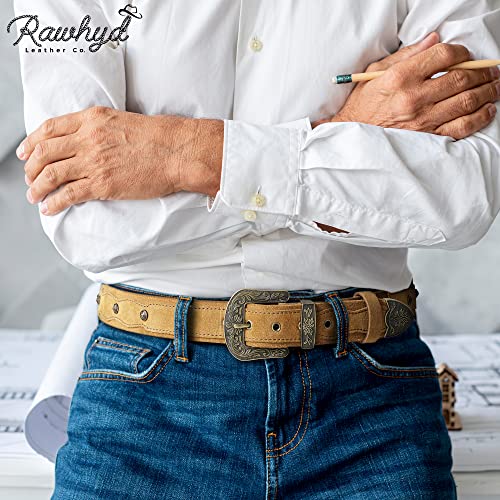 RAW HYD Leather Western Belts for Men - Classic Cowboy Belts for Men w/Embossed Buckle - Adjustable Men’s Western Belt.2