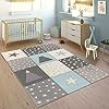 Paco Home Alfombra Infantil Pastel Cuadros Puntos Corazones Estrellas Blanco Gris Azul, tamaño:Ø 160 cm Redondo #1