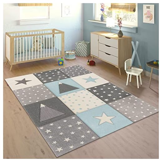 Paco Home Alfombra Infantil Pastel Cuadros Puntos Corazones Estrellas Blanco Gris Azul, tamaño:80x150 cm