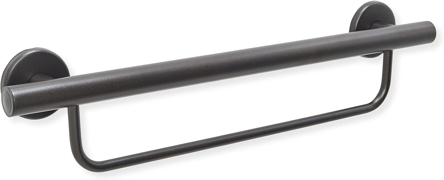 Grab Bar Specialists 24-inch towel rack and grab bar combination in oil rubbed bronze finish, mounted on a residential bathroom wall with a towel draped over the lower bar