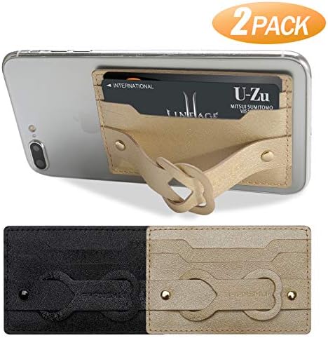 Phone Pocket, SHANSHUI 2 Pack Magic Gel PU Leather Phone Wallet Stick on Pouch Card Holder for Back of Phone with Grip Stand for All Most Mobile Phones - BlackGold