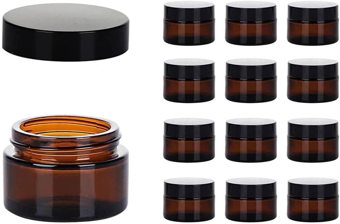 FUFU 12 Pcs glass cosmetic jar with lid, amber cream glass jar with lid empty sample container, with empty cosmetic box (50ml)