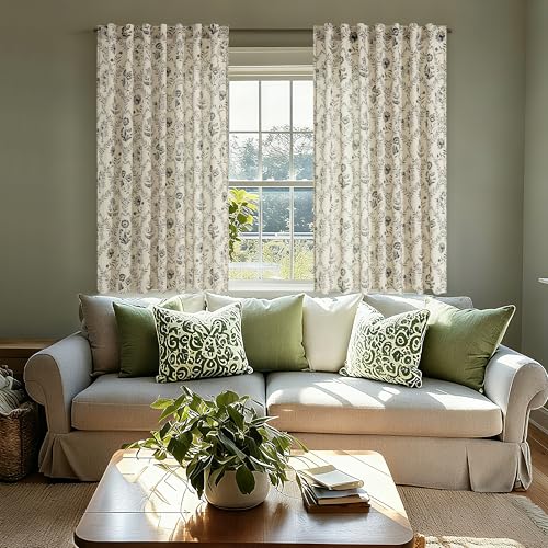 Image of Charcoal Floral Short Linen Curtains 45 Inch Length for Kitchen Back Tab | Farmhouse, Light Filtering, Pattern Print, with Green Black Tone, Small Cafe Curtain, Vintage Farmhouse Panel, Dining Room