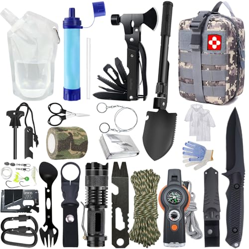 AuRiver Survival Kit 22 in 1, Außen Notfall Set, Outdoor Survival Ausrüstung mit Wasserfilter Outdoor,Wasserbeutel für Outdoor Camping, Abenteuer, Wandern (Camo)