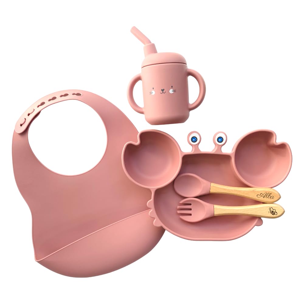 Coffret Dîner Personnalisé pour Enfant: Pack Repas Rose avec Bavoir, Verre à Paille | Idéal pour Bébé et Baptême | Cadeau Original de Naissance