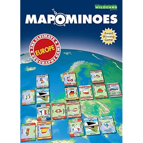 MAPOMINOES EUROPE – The Ultimate Geography Game – Fun and educational travel card game about connecting European countries for kids teens and adults. Like dominoes with maps. Cover