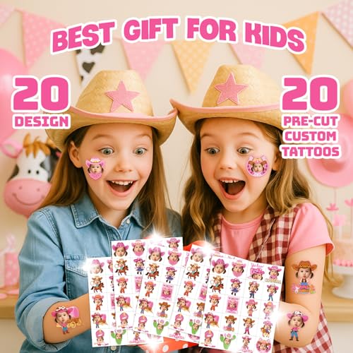 Image of Custom Cowgirl Temporary Tattoos for Kids | Personalized Pre-Cut Face Photo, Birthday Party Favors for Girls, Set of 20, Unique Celebration Gifts