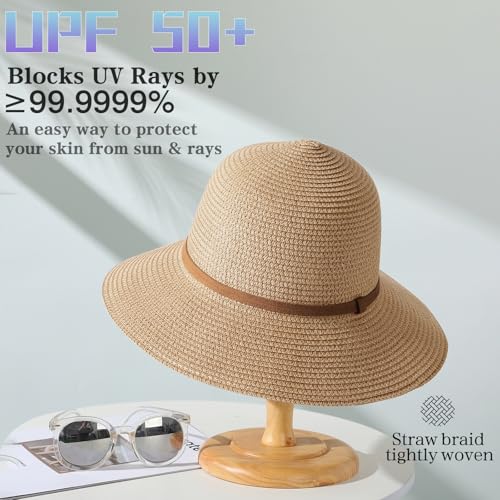 Image of Sun Beach Hats for Women,Wide Brim Straw Hats Womens with Chin Strap, Foldable Woven Sun Hat UV Protection
