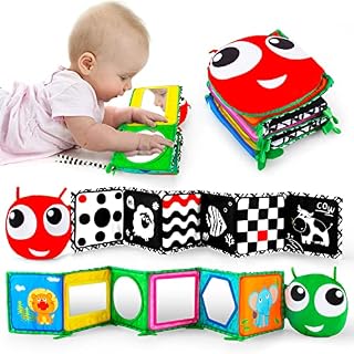 Inbeby Black and White Sensory Toys Tummy Time Baby Cloth Book with 4 Tummy Time Mirror Toys,3D Brain Development Baby Toys 0-6 Months Foldable Standable,Sensory Toys for Babies Newborn Pram Hanging