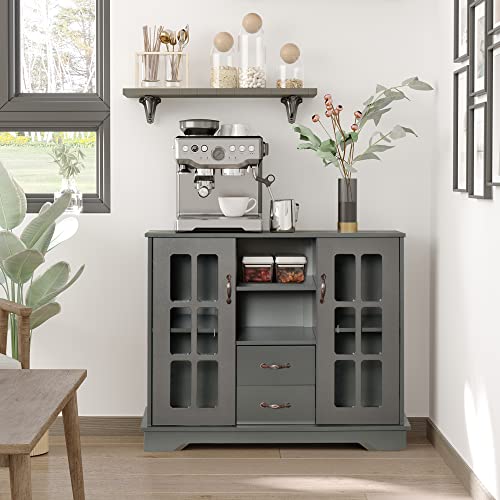 Homcom Sideboard Buffet Cabinet, Kitchen Cabinet, Coffee Bar Cabinet With 2 Framed Glass Doors, 2 Drawers And 2 Open Shelves For Living Room, Gray #TOP1