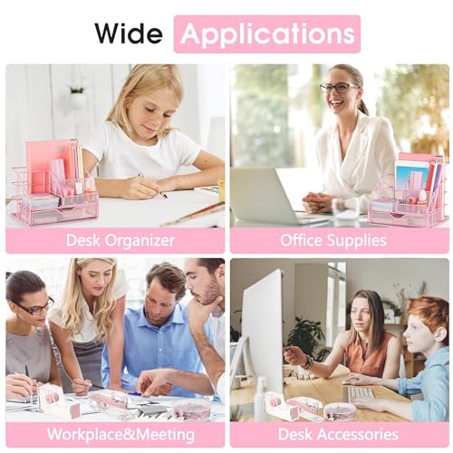 Organizador de mesa rosa e acessórios, material de escritório rosa com organizador de mesa de malha,