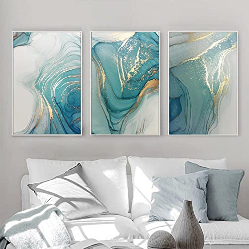 Toile d'art mural pour décoration de salon, triptyque abstrait fluide turquoise et or 50x70cm